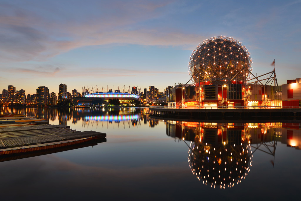 Vancouver Science World and BC Stadium at night